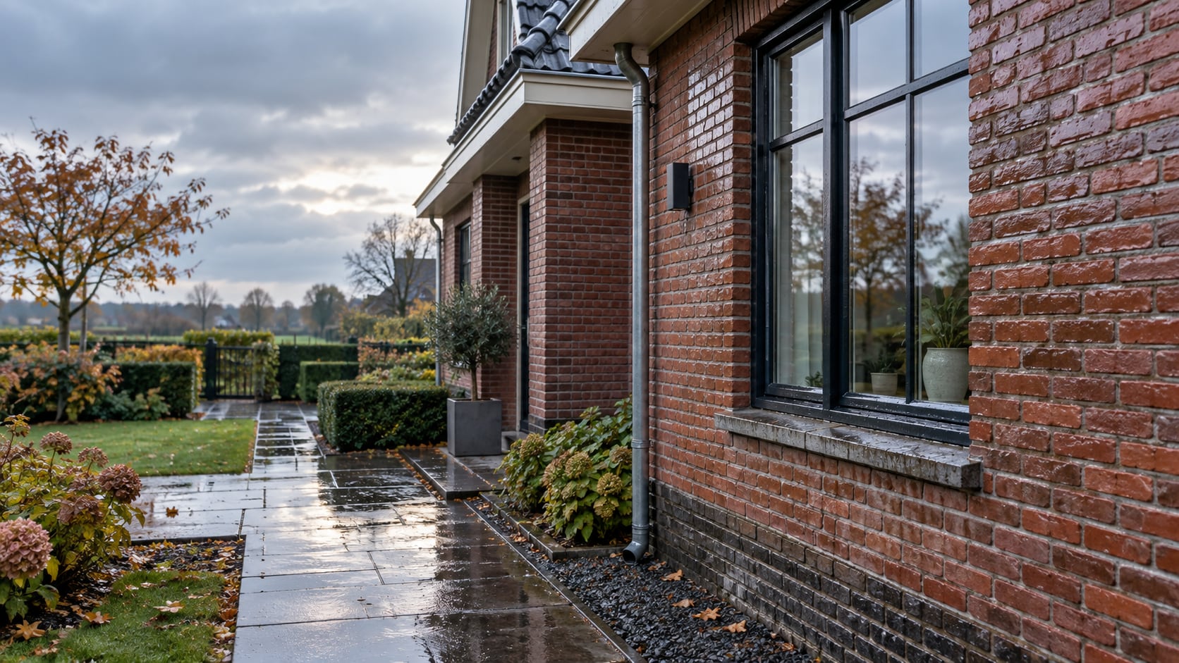 Natte Nederlandse bakstenen gevel na een regenbui