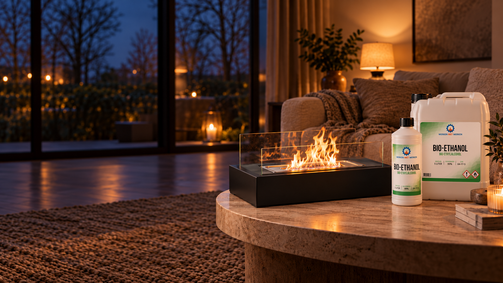 Brandende bio-ethanol sfeerhaard met Bio-Ethanol 99% op tafel in een gezellige woonkamer