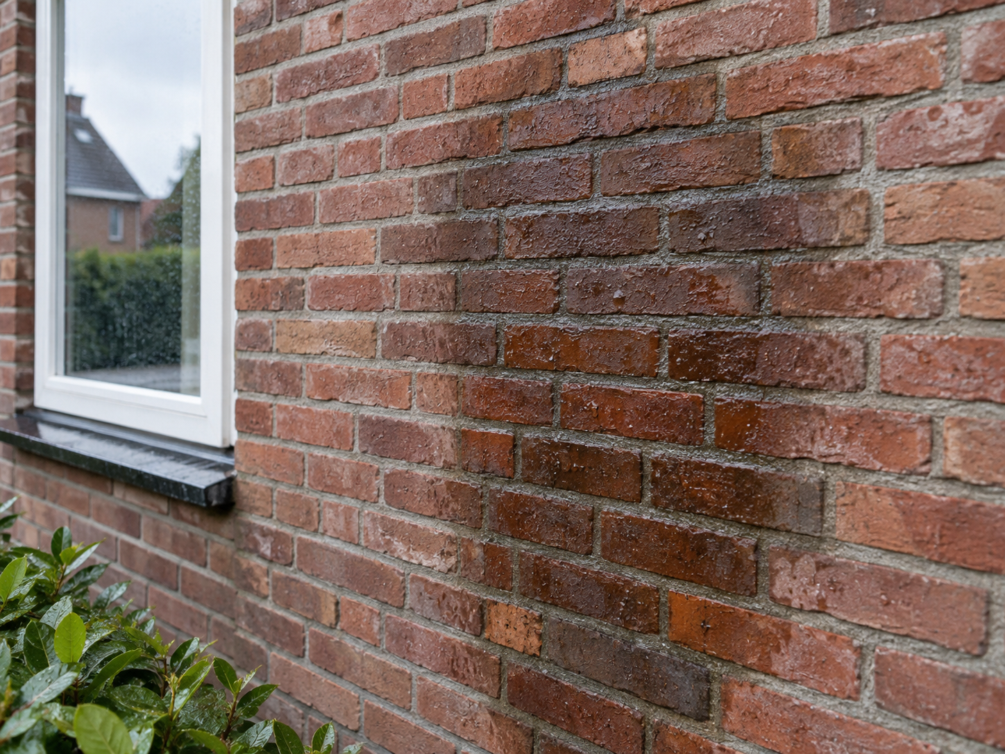 Bakstenen gevel die langdurig nat blijft door regen
