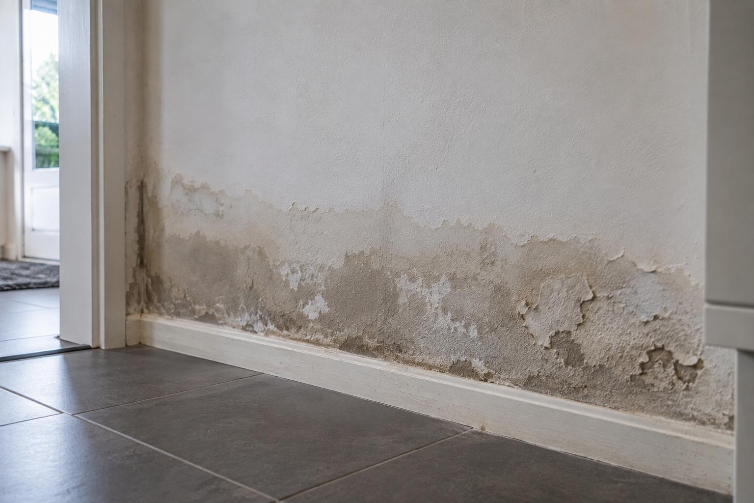 Loslatende afwerking en vochtsporen onderaan een muur