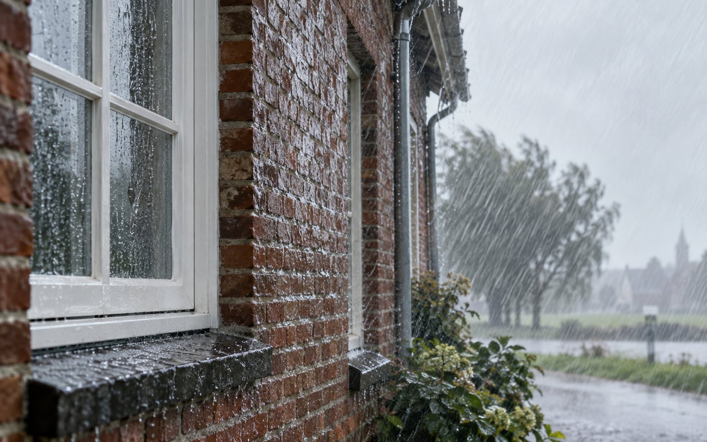 Windgedreven regen tegen een Nederlandse bakstenen gevel